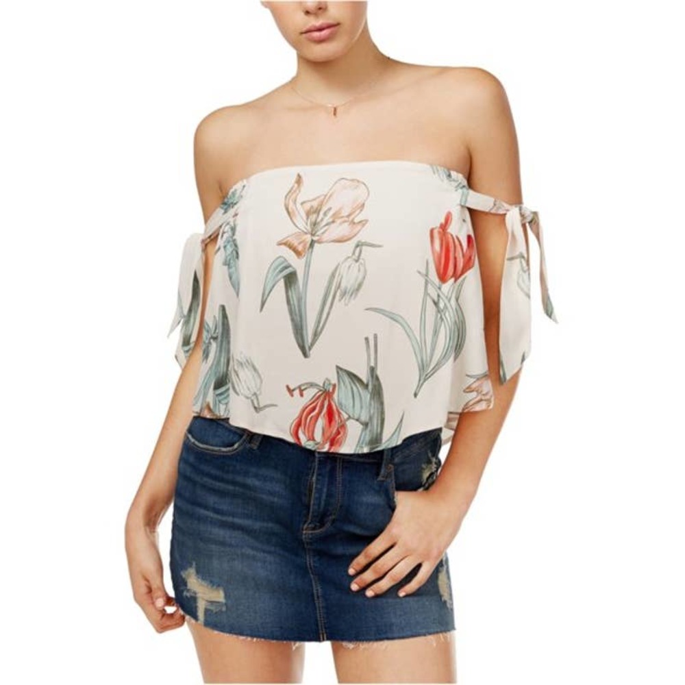 Astr Off-Shoulder Floral Crop Top in Cream with Red & Green Tulips